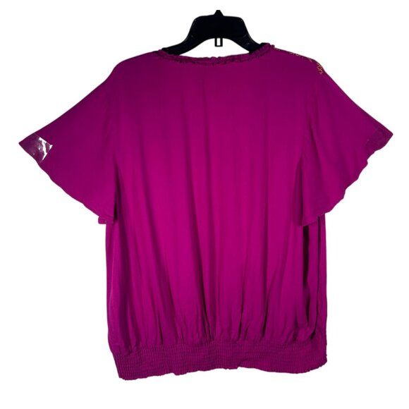 Crown & Ivy Bohemian Short Sleeve Top Women's‎ 1X Deep Pink Smocked Hem Rayon - Picture 2 of 7
